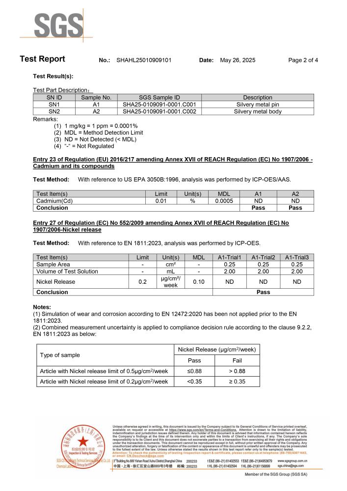 SGS heavy metal testing report page 1